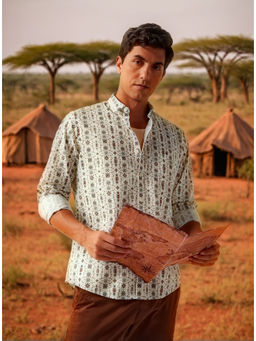 Louis Philippe - Men Beige Slim Fit Print Full Sleeves Casual Shirt