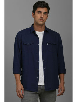 Louis Philippe - Men Navy Blue Slim Fit Solid Full Sleeves Casual Shirt