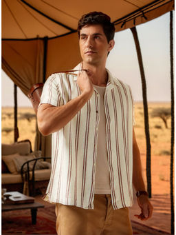 Louis Philippe - Men Cream Slim Fit Stripes Half Sleeves Casual Shirt