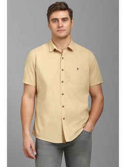 Louis Philippe - Men Beige Slim Fit Solid Half Sleeves Casual Shirt