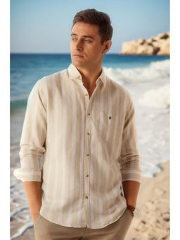Louis Philippe - Men Beige Slim Fit Stripes Full Sleeves Casual Shirt