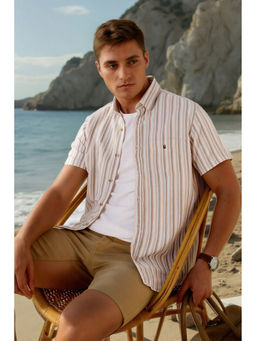 Louis Philippe - Men Beige Slim Fit Stripes Half Sleeves Casual Shirt