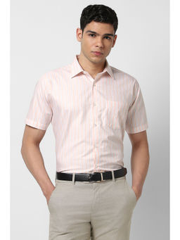Van Heusen - Men Peach Regular Fit Stripes Half Sleeves Formal Shirt
