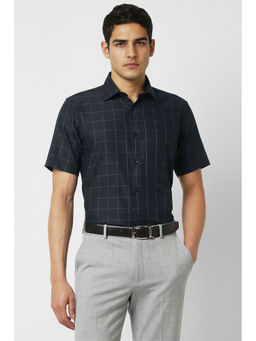 Van Heusen - Men Navy Blue Regular Fit Check Half Sleeves Formal Shirt
