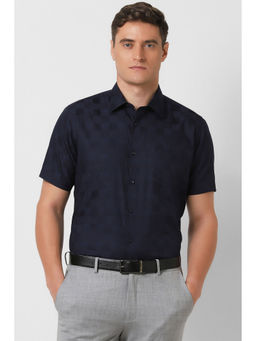 Van Heusen - Men Navy Blue Regular Fit Check Half Sleeves Formal Shirt