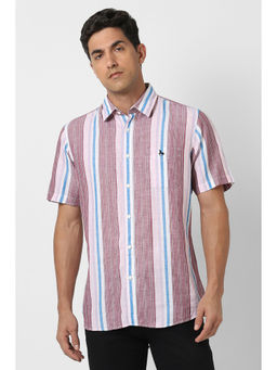 Van Heusen - Men Pink Slim Fit Stripes Half Sleeves Casual Shirt