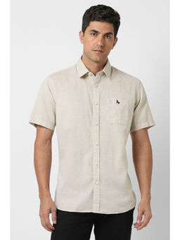 Van Heusen - Men Beige Slim Fit Solid Half Sleeves Casual Shirt