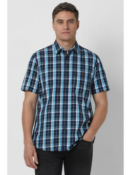 Van Heusen - Men Navy Blue Slim Fit Check Half Sleeves Casual Shirt