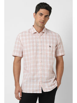Van Heusen - Men Peach Slim Fit Check Half Sleeves Casual Shirt