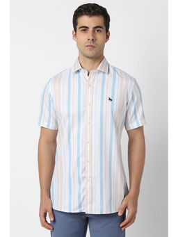 Van Heusen - Men White Slim Fit Stripes Half Sleeves Casual Shirt