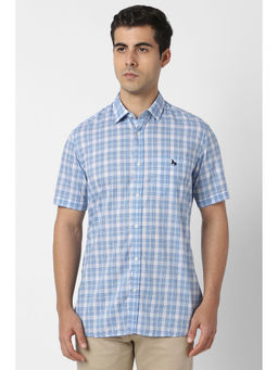 Van Heusen - Men Blue Slim Fit Check Half Sleeves Casual Shirt