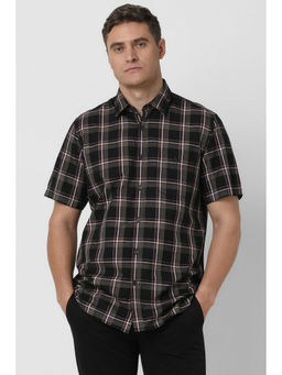 Van Heusen - Men Black Slim Fit Check Half Sleeves Casual Shirt