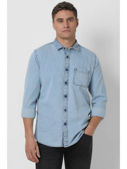 Van Heusen - Men Light Blue Slim Fit Solid Full Sleeves Casual Shirt