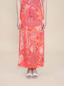 Freedom Tree - Women Earth Core Living Coral Cotton Abstract Printed Mixi Side Slit Skirt