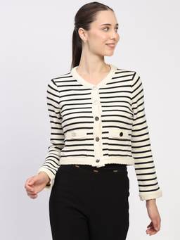 Global Republic - Viscose Blend Striped Round Neck Cream Cardigan