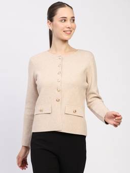 Global Republic - Viscose Blend Solid Round Neck Beige Cardigan