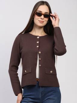 Global Republic - Viscose Blend Solid Round Neck Brown Cardigan