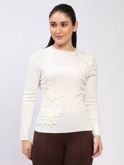 Global Republic - Wool Blend Embellished High Neck Off White Pullover