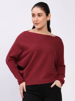 Global Republic - Viscose Solid Boat Neck Maroon Pullover