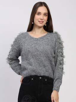 Global Republic - Polyester Blend Solid V-Neck Grey Pullover