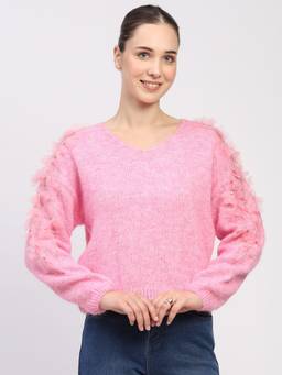 Global Republic - Polyester Blend Solid V-Neck Pink Pullover
