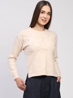 Global Republic - Acrylic Blend Embroidered Round Neck Cream Pullover