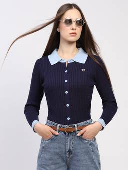 Global Republic - Viscose Woven Shirt Collar Navy Blue Pullover