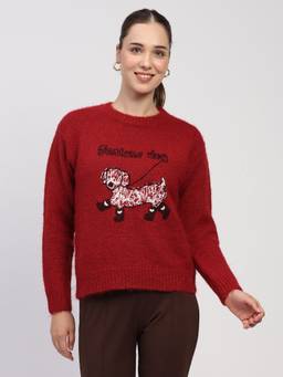 Global Republic - Wool Blend Embroidered Round Neck Red Pullover