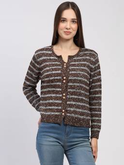 Global Republic - Acrylic Blend Striped Round Neck Brown Cardigan