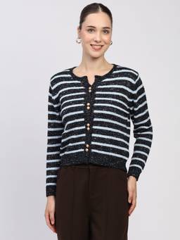Global Republic - Acrylic Blend Striped Round Neck Navy Blue Cardigan