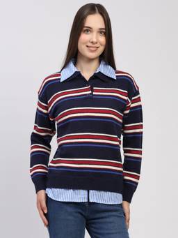 Global Republic - Wool Blend Striped Shirt Collar Navy Blue Pullover