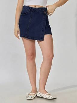 SHOWOFFFF - Women'S Navy Blue High-Rise Wrap Front Denim Mini Skort