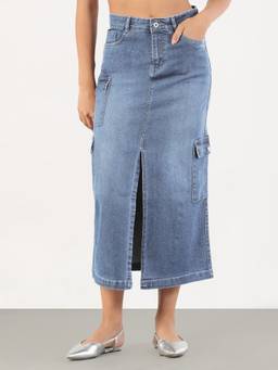 SHOWOFFFF - Women'S Solid Pencil Fit Front Slit Midi Light Blue Denim Skirt