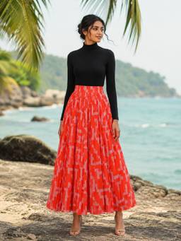 BONICA CLOTHING - Women Red Floral Geometric Flared Skirt
