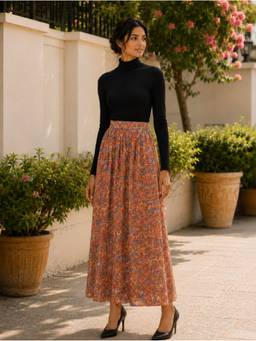 BONICA CLOTHING - Women Rust Floral Flared Skirt