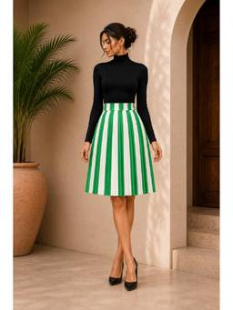 BONICA CLOTHING - Women Green Stripe Flared Skirt