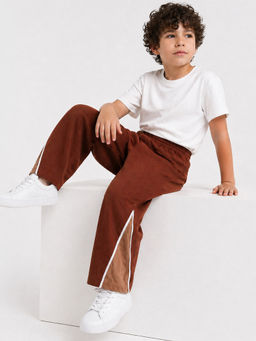 Purple United Kids - Boys Trackpant Brown With Wide Leg, Contrast Panels And Soft Fabric