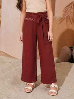 Purple United Kids - Girls Trousers Brown With Tie-Up Waist And Wide Leg Fit