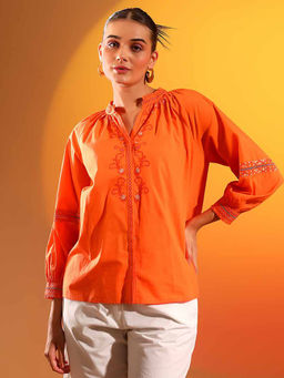 Saint G - Saint Helena Orange Embroidered Cotton Shirt