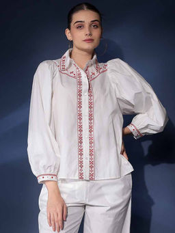 Saint G - Saint Sylvia White Embroidered Cotton Shirt