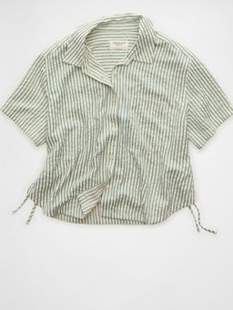 American Eagle - Ae Short-Sleeve Tie Side Seersucker Button-Up Shirt Green