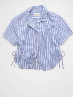 American Eagle - Ae Short-Sleeve Tie Side Seersucker Button-Up Shirt Blue