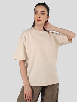 CHKOKKO - Womens Trendy Oversized Drop Shoulder T Shirt Casual Loose Fit Beige