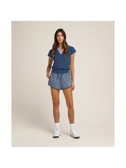 Wilson - Women Swing Polo Blue Striped V Neck Regular Fit Casual Knit Top