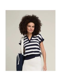 Wilson - Women Swing Polo Navy White Striped V Neck Regular Fit Casual Knit Top