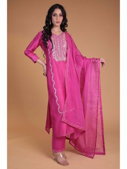 Zari Jaipur - Women Pink Chanderi Embroidered Kurta & Pant with Dupatta
