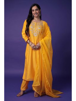 Zari Jaipur - Women Yellow Chanderi Embroidered Kurta & Pant with Dupatta