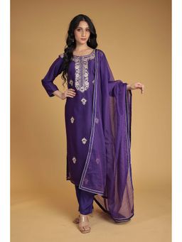 Zari Jaipur - Women Purple Chanderi Embroidered Kurta & Pant with Dupatta