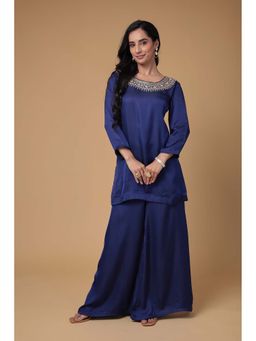 Zari Jaipur - Women Navy Blue Silk Embroidered Kurta & Sharara