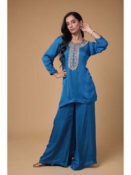 Zari Jaipur - Women Blue Silk Embroidered Kurta & Sharara